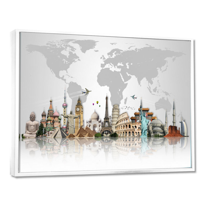 « Famous Monuments Across World », reproduction d'art graphique, H 16 po x l 32 po, Reproduction avec cadre flottant, Blanc