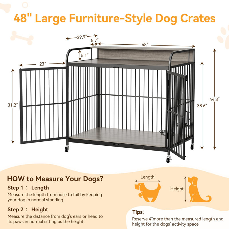 Mobilier de cage pour chien, cage pour chien d'intérieur avec mangeoire rotative à hauteur réglable, Gris