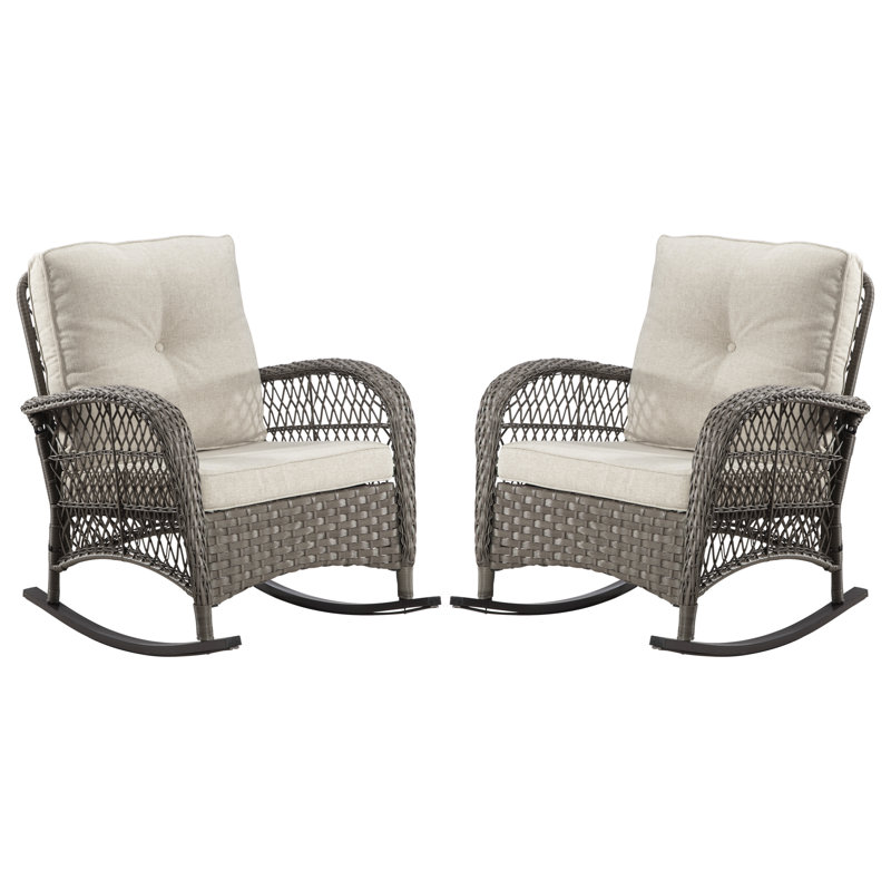 2-Piece Wicker Rocking Chairs Set with Thick Cushions - Patio Furniture for Porch, Backyard or Garden, Beige