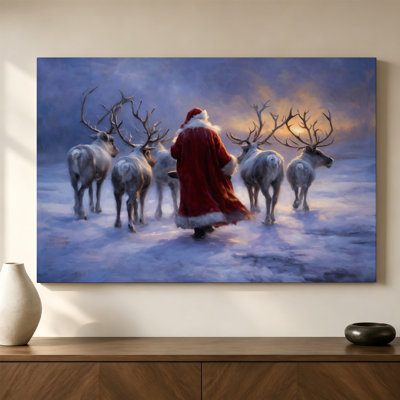 Reproduction d'art sur toile tendue en galerie du père Noël et renne au crépuscule, H 20 po x l 30 po