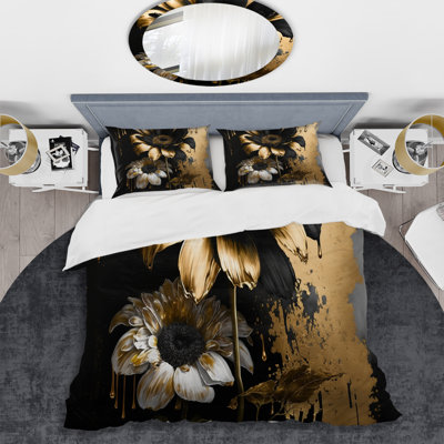 Black and Gold Daisy II - Ensemble de housse de couette à motif de marguerites florales - Microfibre de polyester