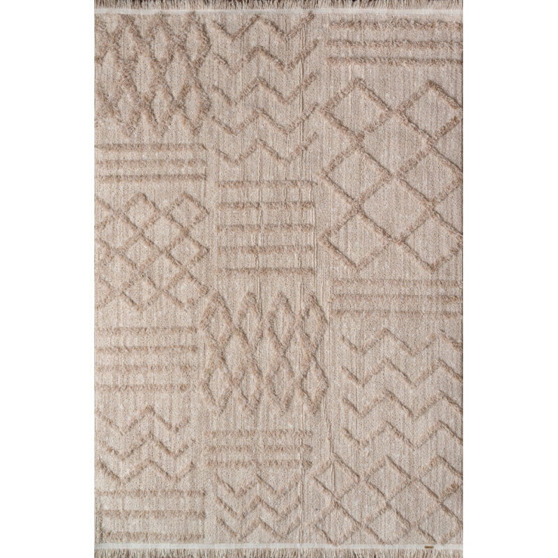 Tapis beige en polyester tissé à la machine à motif géométrique classique Jurjen, Rectangle 6 pi 6 po x 8 pi 3 po