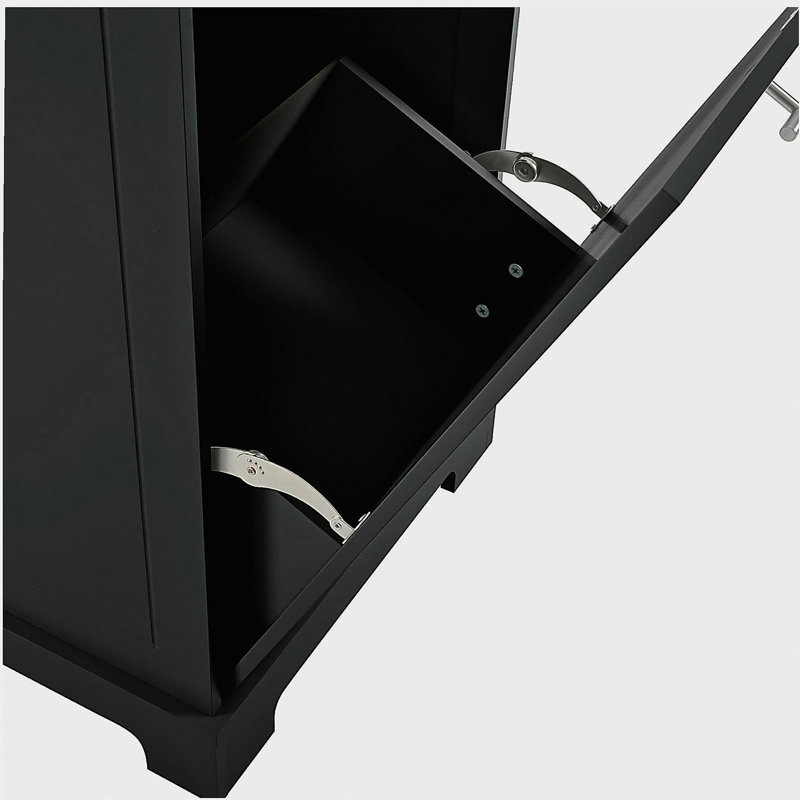 Striped Kitchen Island with Trash Can Storage Cabinet, Power Outlet, Internal Storage Shelves, 5-Wheel Rolling Kitchen Island, 3 Drawers, 3 Open Shelving for 10-Gallon Trash Can, Black