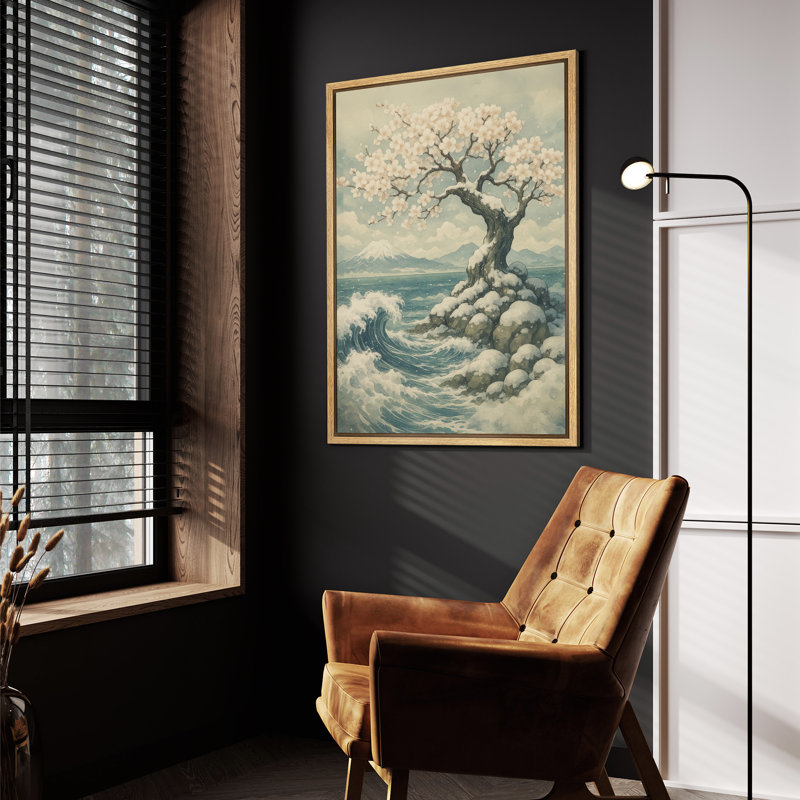 «Blossoming Tree on Rocky Shore», reproduction d'art sur toile encadrée - paysage côtier serein avec des vagues de l'océan pour des intérieurs modernes et tranquilles
