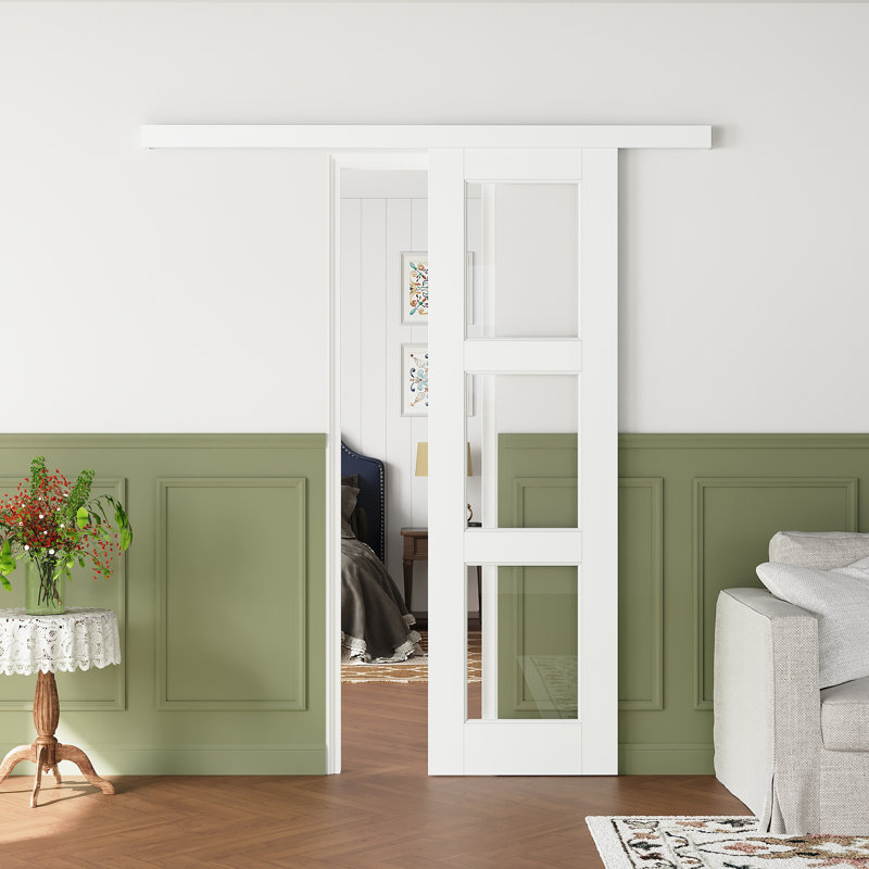 Porte de grange coulissante en verre massif pré-assemblée avec panneau caché et 3 pièces, 24 po x 80 po, Standard