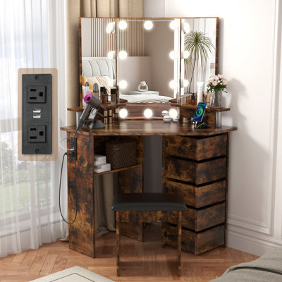 Greyden Tri-Fold Vanity Set with 5 Rotating Drawers and Outlets