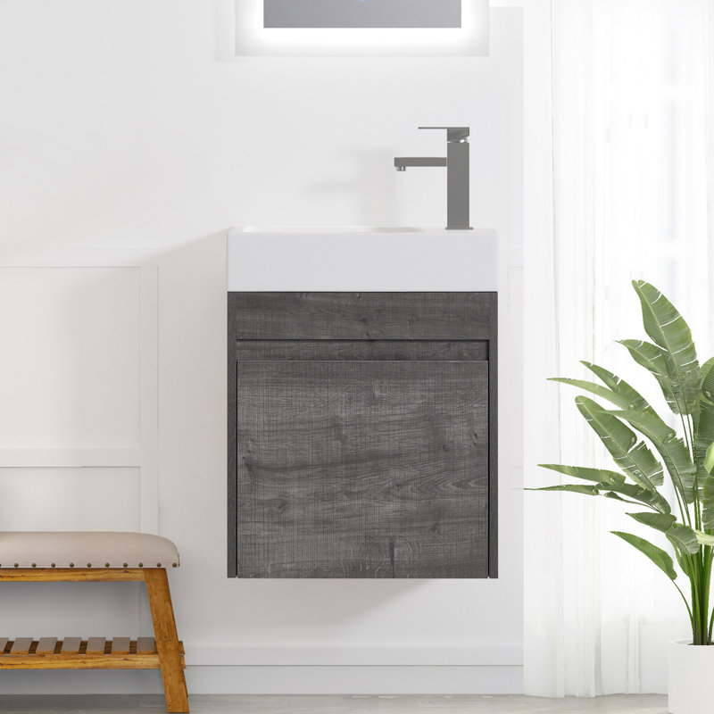 Meuble-lavabo flottant mural avec lavabo en résine et porte d'armoire à fermeture en douceur, gris