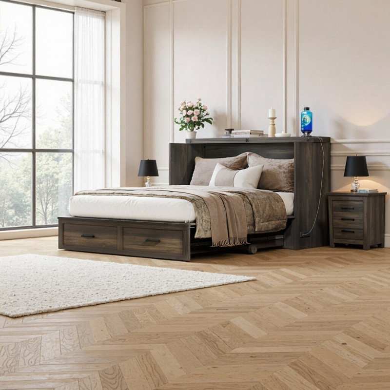 Queen Size Farmhouse Murphy Cabinet Bed With Foldable Platform Storage Drawer & Charging Station, Gray
