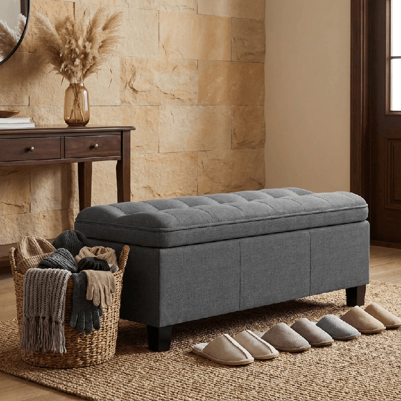 47 Inches Storage Ottoman with Soft Foam, Dark Gray