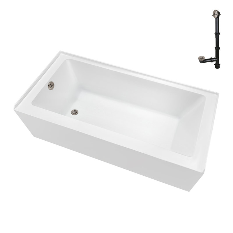 Streamline 66 in. x 32 in. Acrylic Left-Hand Drain Alcove Bathtub in Glossy White With External Drain, Brushed Nickel