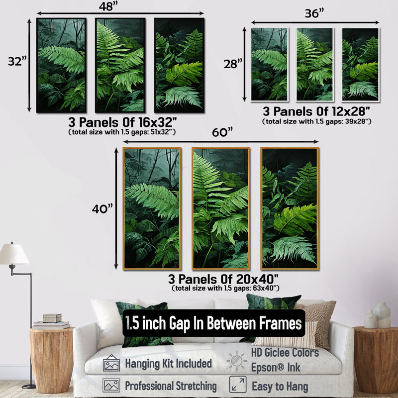 Ensemble de décorations murales Emerald Green Ferns Forest II - Plants, H 28 po x l 36 po x P 1 po, Cadre naturel flottant