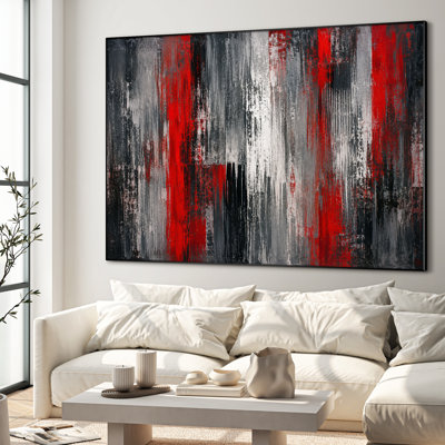 Très grand reproduction d'art sur tissu - Composition abstraite rouge pour salon contemporain - "Assemblage requis (cadre non fini)"