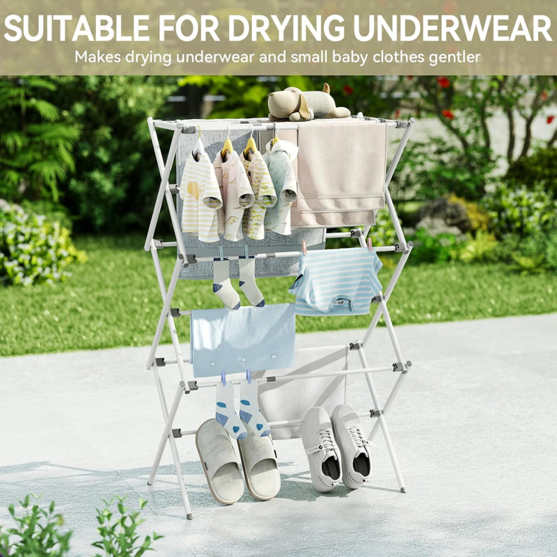 Séchoir à vêtements, support à linge pliable et extensible de taille réglable (14,57 po à 35,43 po), peu encombrant et résistant à la rouille pour une utilisation intérieure / extérieure, blanc