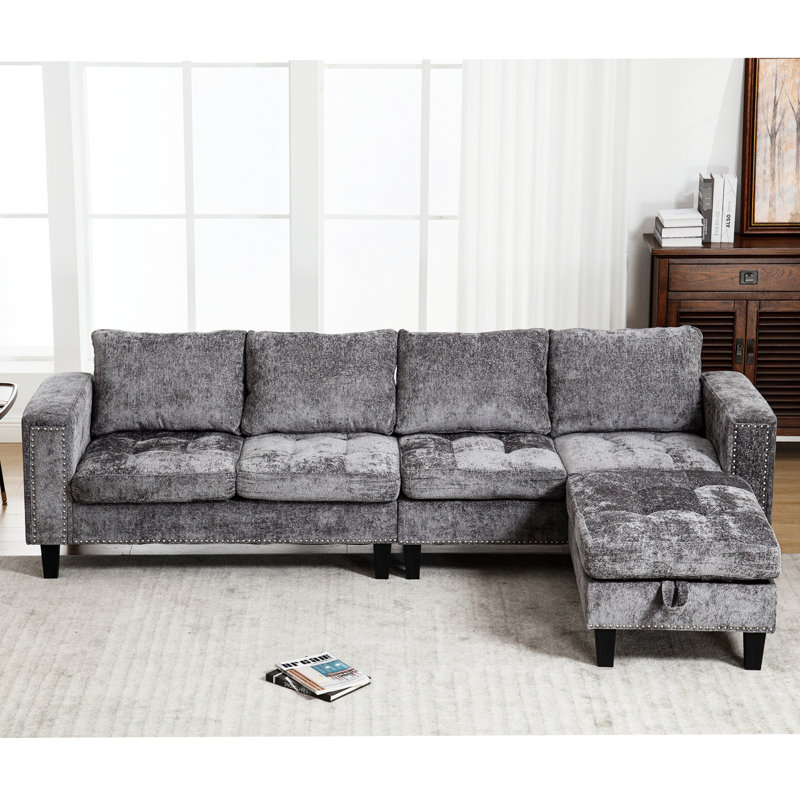 En forme de L avec rangement, gris chenille, 5 places assises, rangement pour canapé modulaire convertible en méridienne réversible, gris