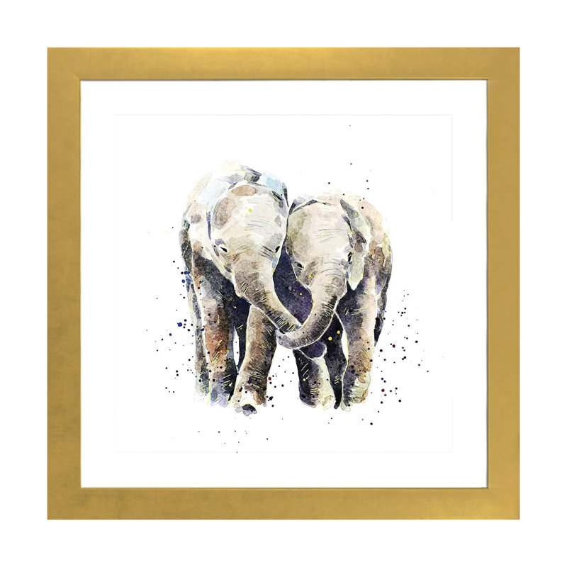 Deux éléphants par EdsWatercolours - impression, Papier encadré doré, Blanc, H 24 po x l 24 po x p 1 po