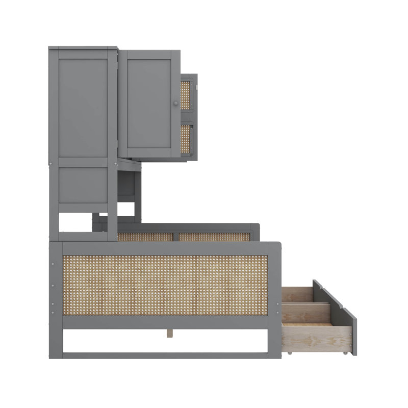 Lit de jour en bois massif avec 2 tiroirs, armoire et étagère - Lit de rangement multifonctionnel, Lit double, Gris