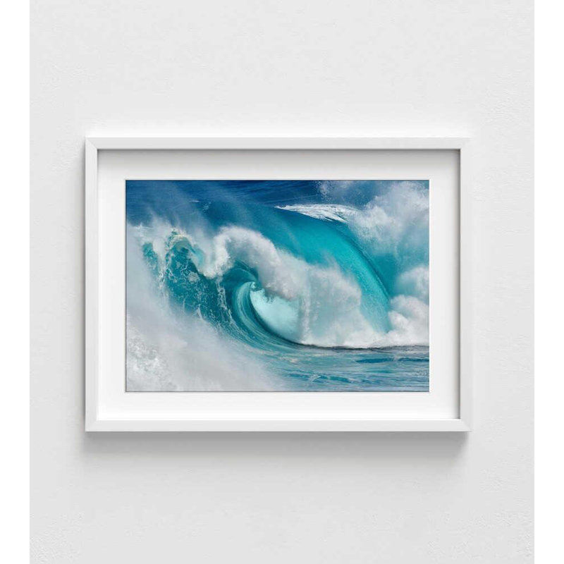 Break Point Ocean Print - vague de curling turquoise, Impression encadrée avec passe-partout, H 24 po x l 32 po, Blanc