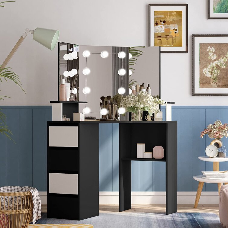Modern Corner Makeup Vanity Table with LED Lighted Mirror, Vanity