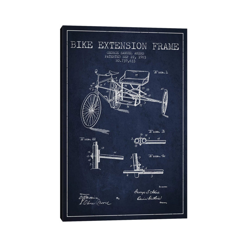 G.W. Akers Bike Extension Frame Patent Sketch (Navy Blue) by Aged Pixel - Wrapped Canvas Gallery-Wrapped Canvas Giclée