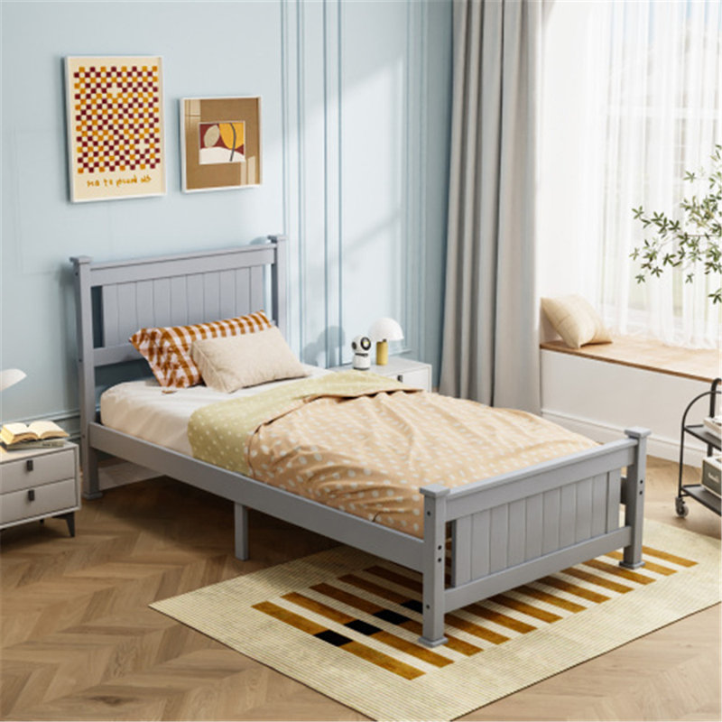 Wood Bed With Headboard, Gray, Twin