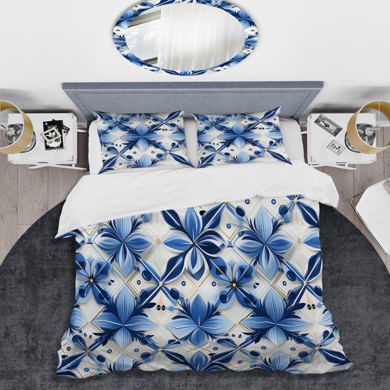 Ensemble de housse de couette géométrique à motif de treillis bleu et blanc I