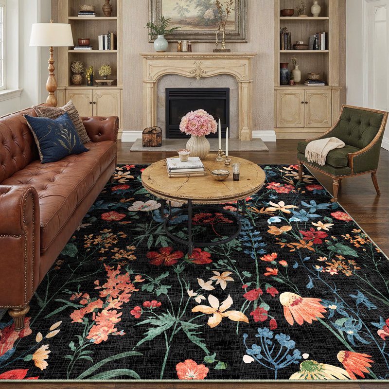 Cherry Machine Washable Floral Area Rug With Non-Slip Backing, Rectangle 9' x 12', Black
