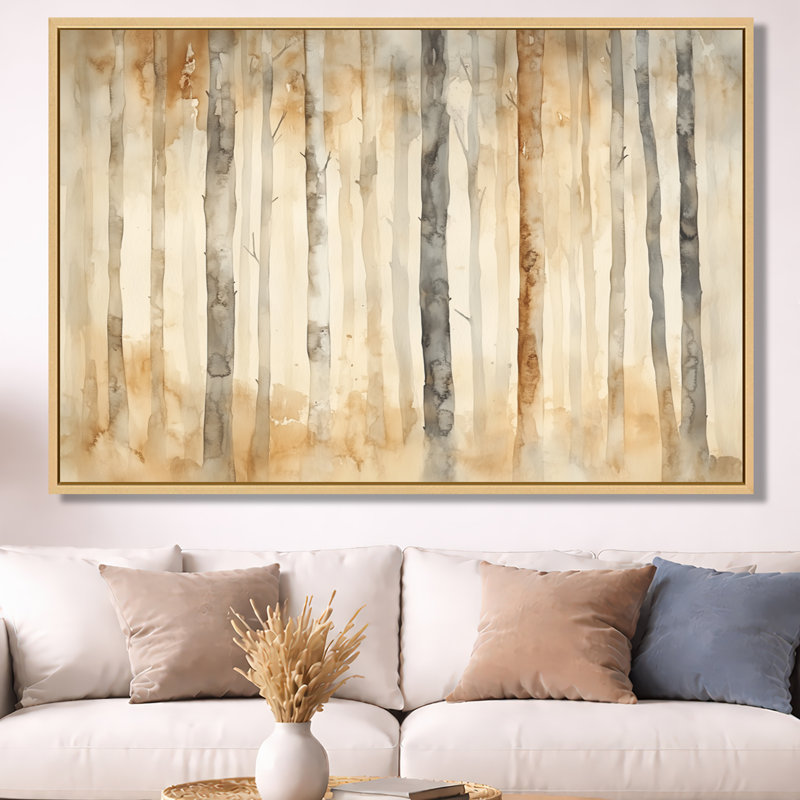 Neutral Forest Canvas, Beige Birch Wall Art, Beige Birch Wall Art, 40" H x 60" W, Natural Floater Framed