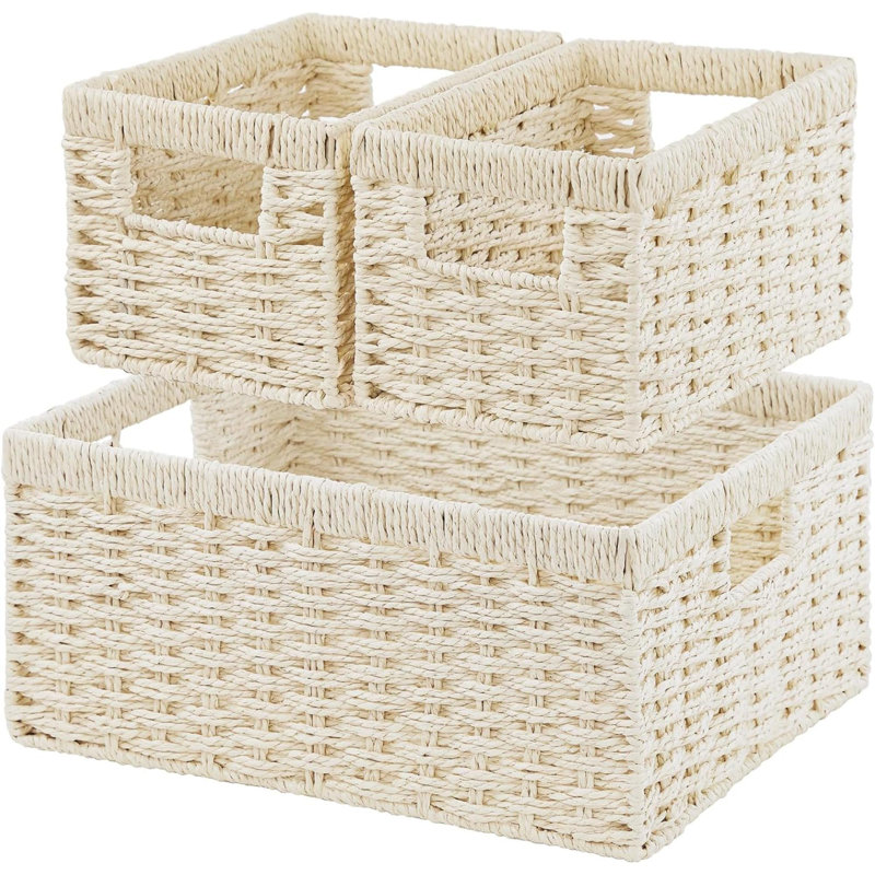 Wicker Storage Basket, Set Of 3 Wicker Basket, Hand-Woven Paper Rope Storage Baskets For Organizing, Large Cube Storage Organizer Bins Baskets For Shelves Small Toilet Paper Baskets