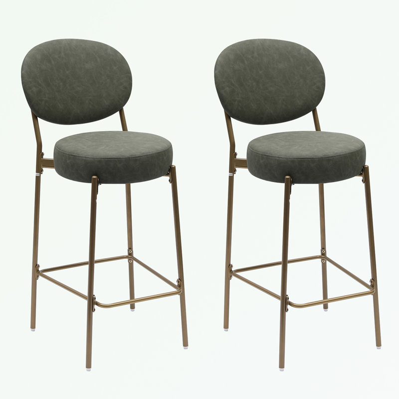 upholstered bar stools: set of 2 faux leather counter chairs with golden legs for modern kitchen dining, Green