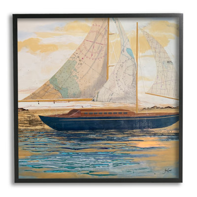 Stupell Industries Nautical Watercraft Boat Layered Map Ephemera Collage By Stacy Gresell - Floater Frame Painting On C In Midnight Black Framed Giclee