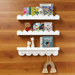 Floating Kids Bookshelf Set Of 3 With Hooks, Wood Scalloped Nursery Shelves For Wall, Book & Toy Storage For Baby Room, Playroom Organization