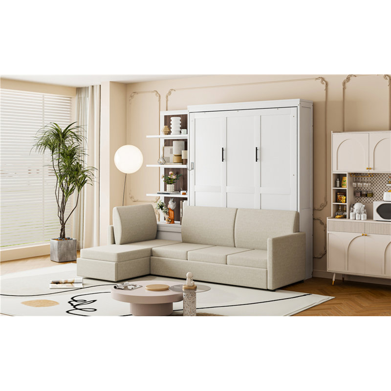Grand lit escamotable mural avec canapé et tablettes, Blanc