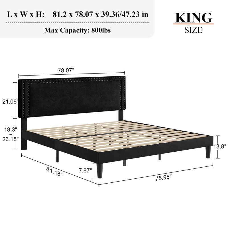 Ensemble de chambre en velours capitonné avec lit et 2 tables de chevet, aucun lit plateforme tapissier requis, Brown/Grey