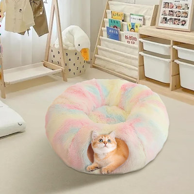 Pink Cat Tunnel Bed For Indoor Cats With Washable Cushion, Cat Cave Donut Tunnel With Fluffy Ball Big Round Tube Pet Playground Toys Soft Plush Peekaboo For Kitten, Cat, Puppy, Rabbit, Ferret