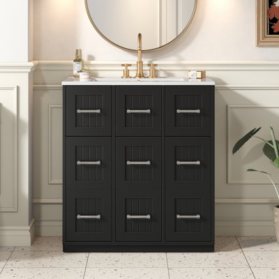30"W Freestanding Single Vanity with Ceramic Sink Top Drawers and Soft-Close Hinges
