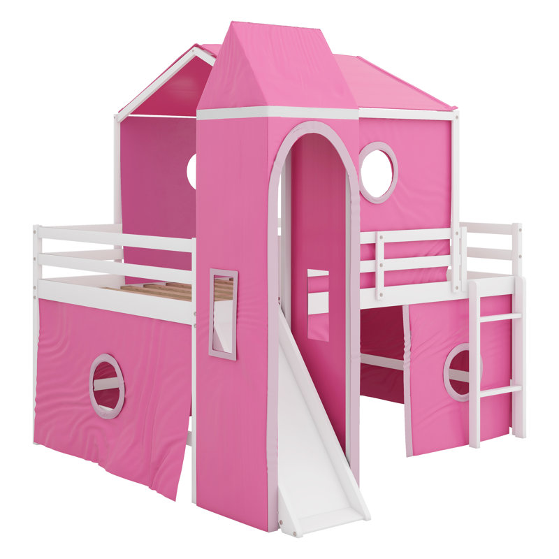 Messerly Kids Bunk Bed with Slide Tent and Tower, Pink, Full