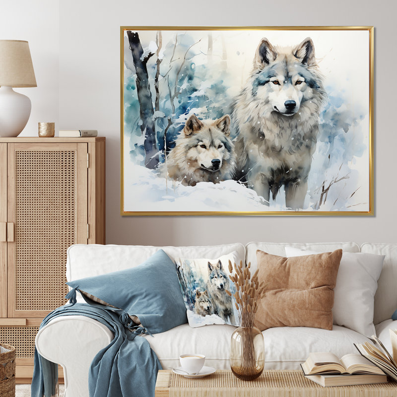 Neige loups en hiver II - loup, art mural, Cadre flottant doré, H 30 po x l 40 po x P 1,5 po