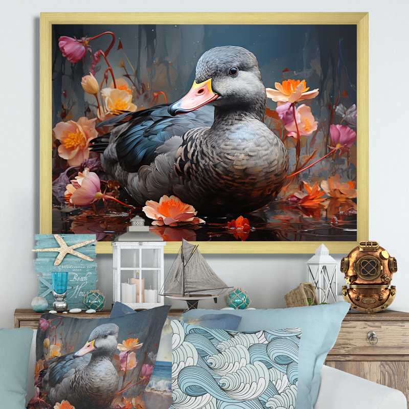 «Grey Duck», art mural canard gris, Cadre doré à coins fermés, H 30 po x l 40 po x P 1,5 po
