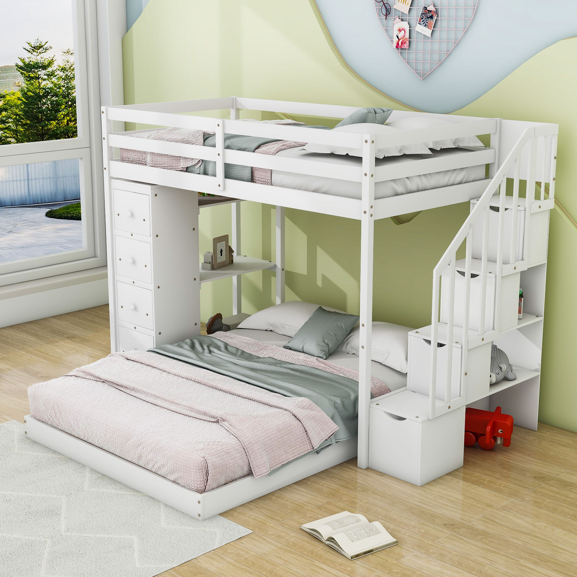 Harriet Bee Twin Over Full Bunk Bed With Shelves,Staircase And Drawers ...