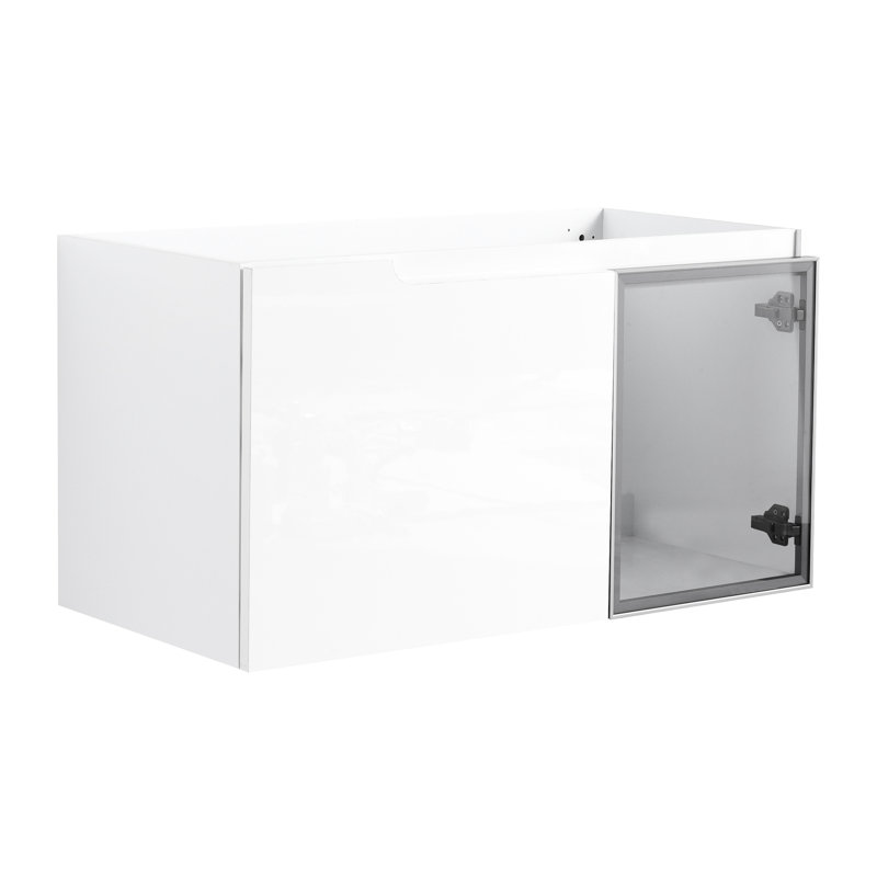 Meuble-lavabo 36 po avec armoire blanche brillante, 1/2 porte en verre gris, charnières, base en contreplaqué pour rafraîchir - sans évier contemporain avec 2 portes à fermeture en douceur, finition, demi-porte, fabrication non incluse