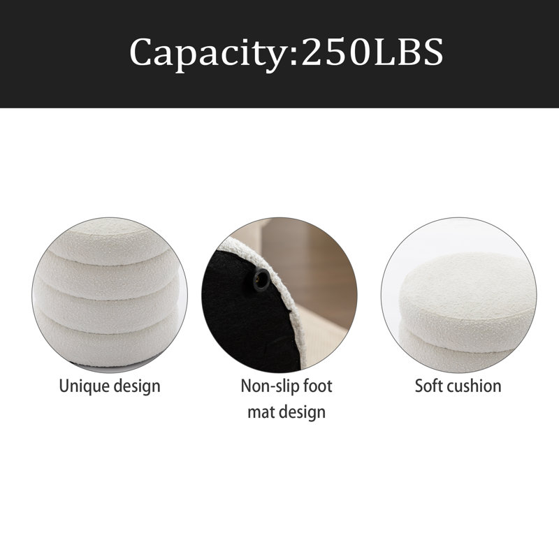Soft Boucle Round Ottoman Footrest Stool, White Boucle