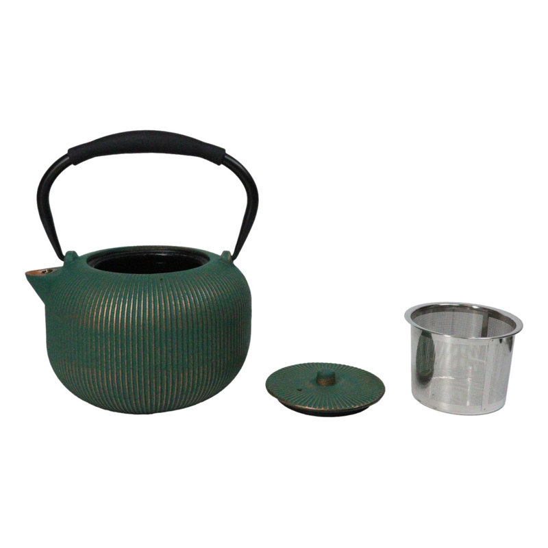Théière Tetsubin en fonte, grand format, motif de lignes verticales Tokusa vert et or, 975 ml (33 oz).