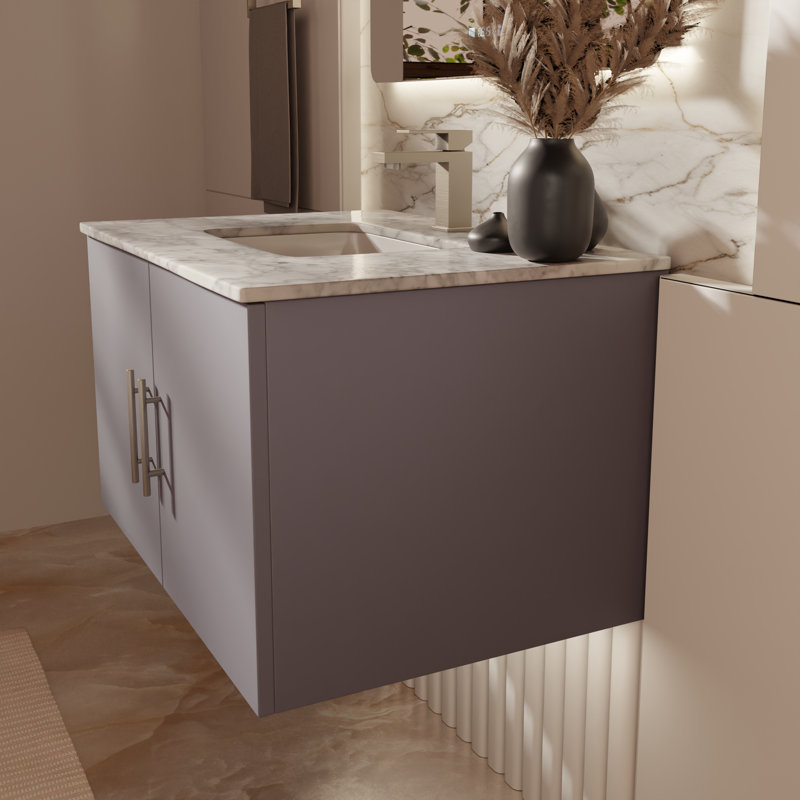 Geneva 30" Wall-Mounted Single Bathroom Vanity Set, Dark Gray, White Carrara Marble