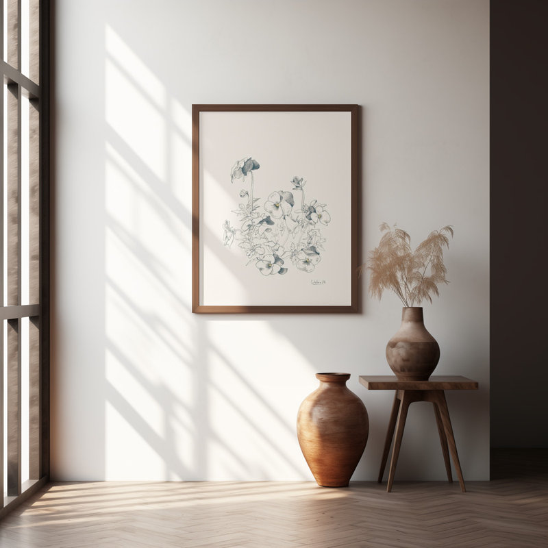 "Pansies praying dessin", art mural texturé encadré, H 40 po x l 30 po, Noyer