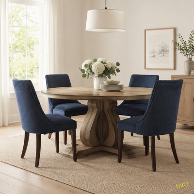Linen Upholstered Dining Chair Set with Upholstered Back, Wood Legs
