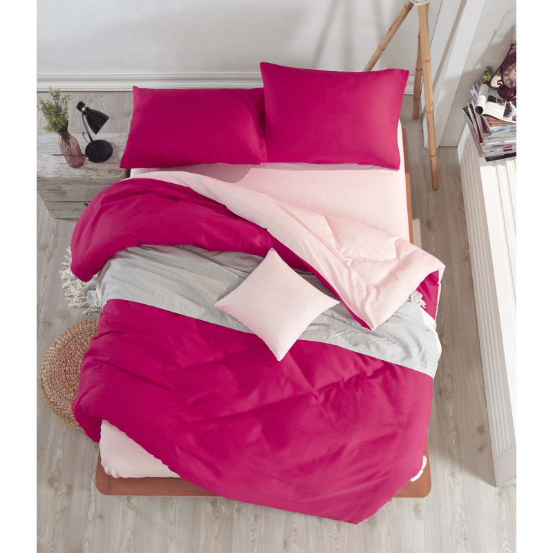 Ensemble de housse de couette 4 pièces en mélange de coton fuchsia Foelke