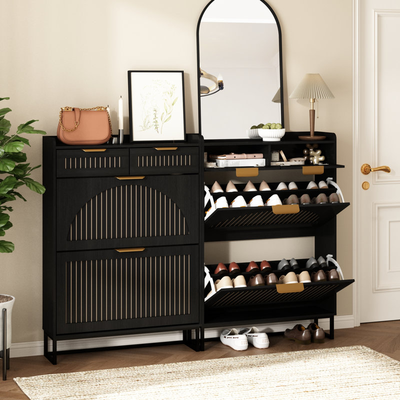 Armoire de rangement pour chaussures 16 paires avec 2 tiroirs rabattables et 2 tiroirs de rangement, Noir
