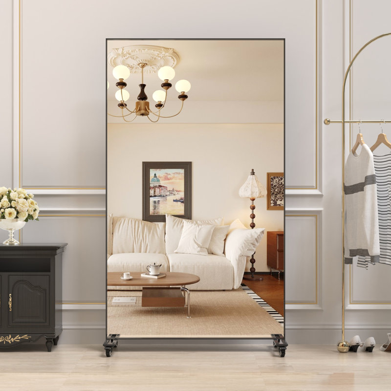 Miroir surdimensionné 67 po x 40 po, miroir carré noir avec cadre et roues en métal, reflet de haute qualité