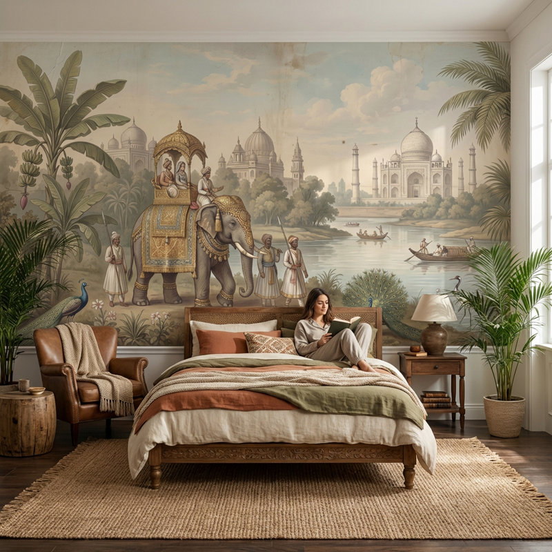 Papier peint indien Éléphant Taj Mahal, 120" x 96", Peler et coller