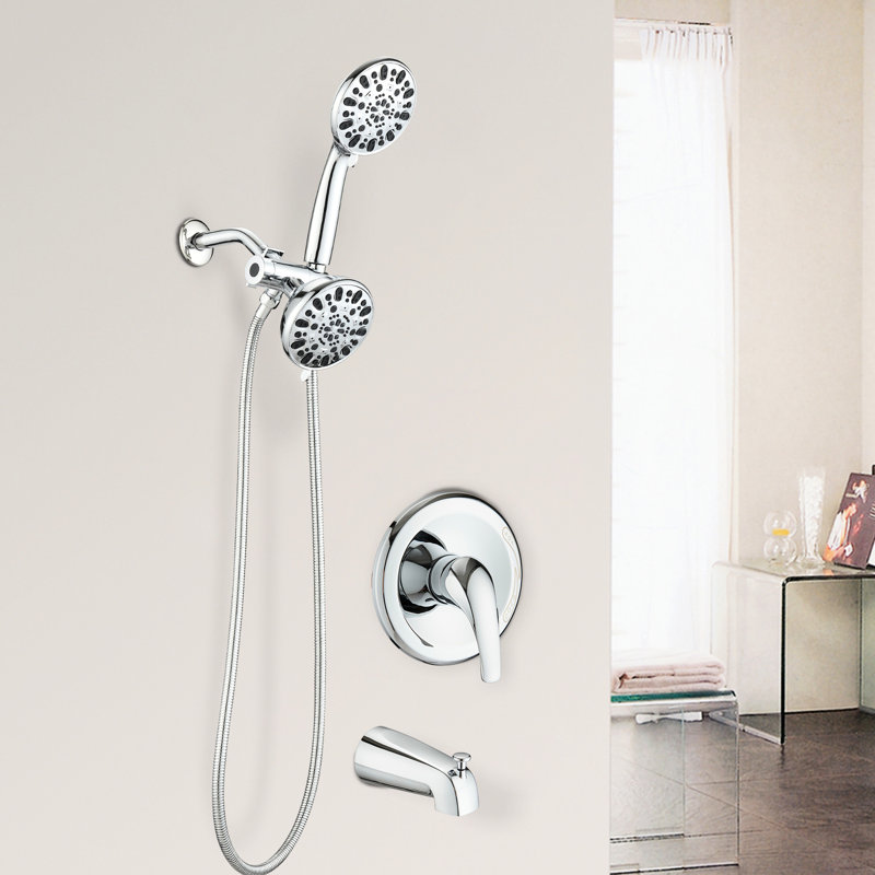Matte Black Wall Mounted Shower System With Dual . 7 Spray Modes Head & Hand Shower. All Metal. 1.8 Gpm Flow Rate. 59" Hose. 1/2" Connection. Tub Spout Included . High Faucet. Metal Structure.